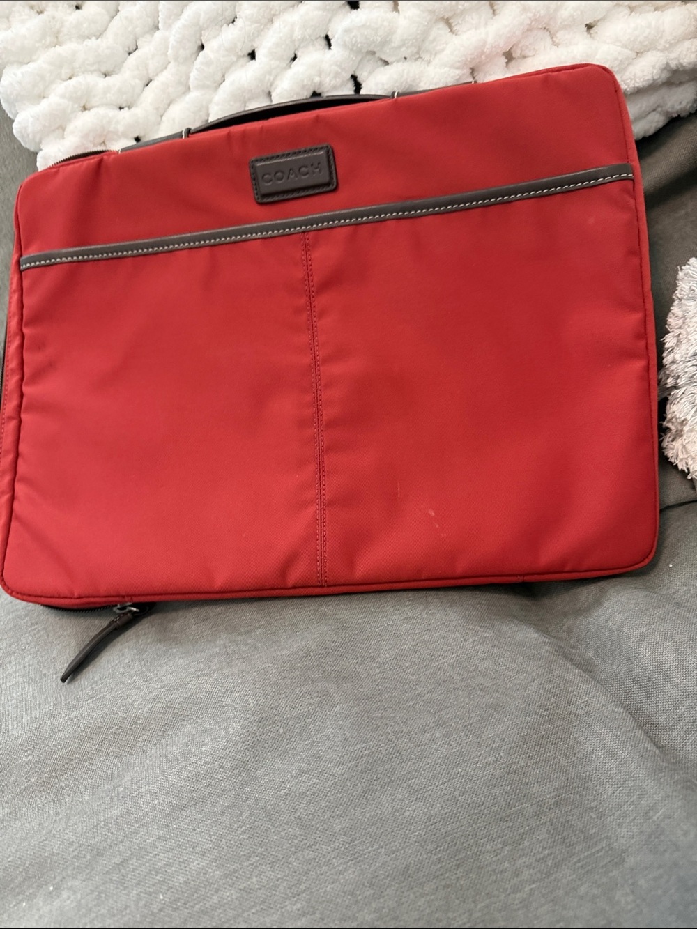 Coach Red Nylon Laptop Sleeve with Leather Trim
